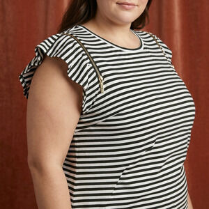 Michael Kors Women's Striped Ruffle Sleeve Zipper Shoulder Jersey Dress Ivy L